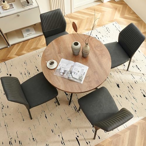 37 Inch Round Dining Table Set for 4, Modern Small Circle Kitchen Coffee Set for Apartment Living Room Office, Save Space(1 Wooden Table+2 Grey PU Leather Chairs)