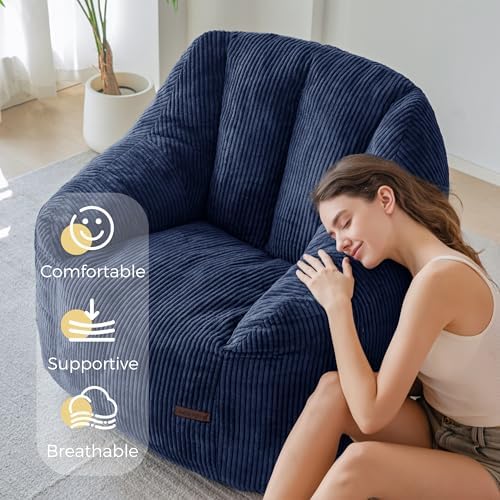 MAXYOYO Bean Bag Chair for Adults, Foam-Filled Floor Sofa for Reading | Bean Bag Chair for Adult with Filler, Cozy Living Room Chair for Bedroom Dorm, Navy