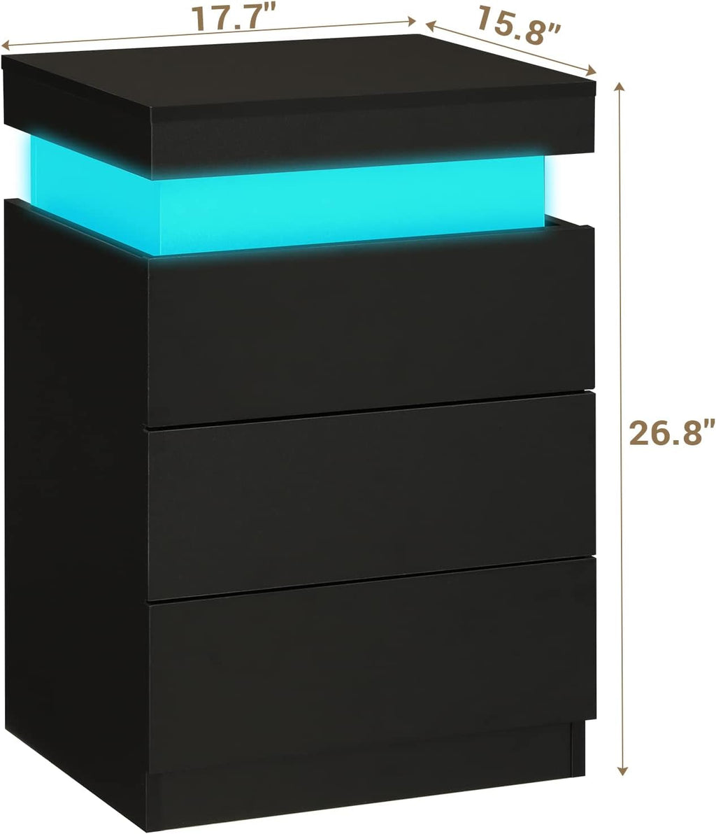 ADORNEVE Black Nightstand with Charging Station and LED Lights | Modern Night Stand with Sliding Top,Bedside Table with Drawers,Bed Side Tables Bedroom