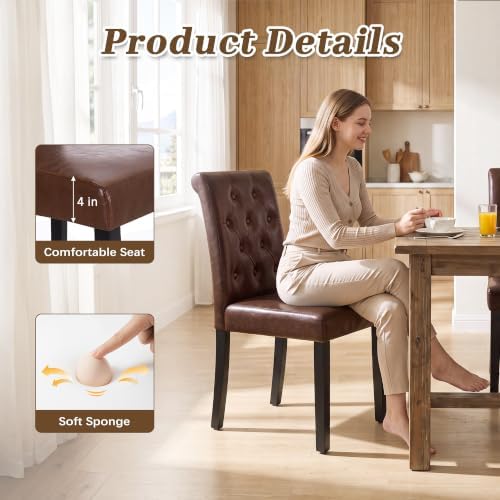 LSSPAID Dining Chairs Set of 6, Modern Armless Parsons Side Chairs, Upholstered Button-Tufted PU Leather Dining Kitchen Chairs with Solid Wood Legs, Brown