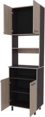 Bullhead City Kitchen Pantry with 4 Doors, White Oak and Wengue | Combines open shelves and closed cabinet in multi-color design