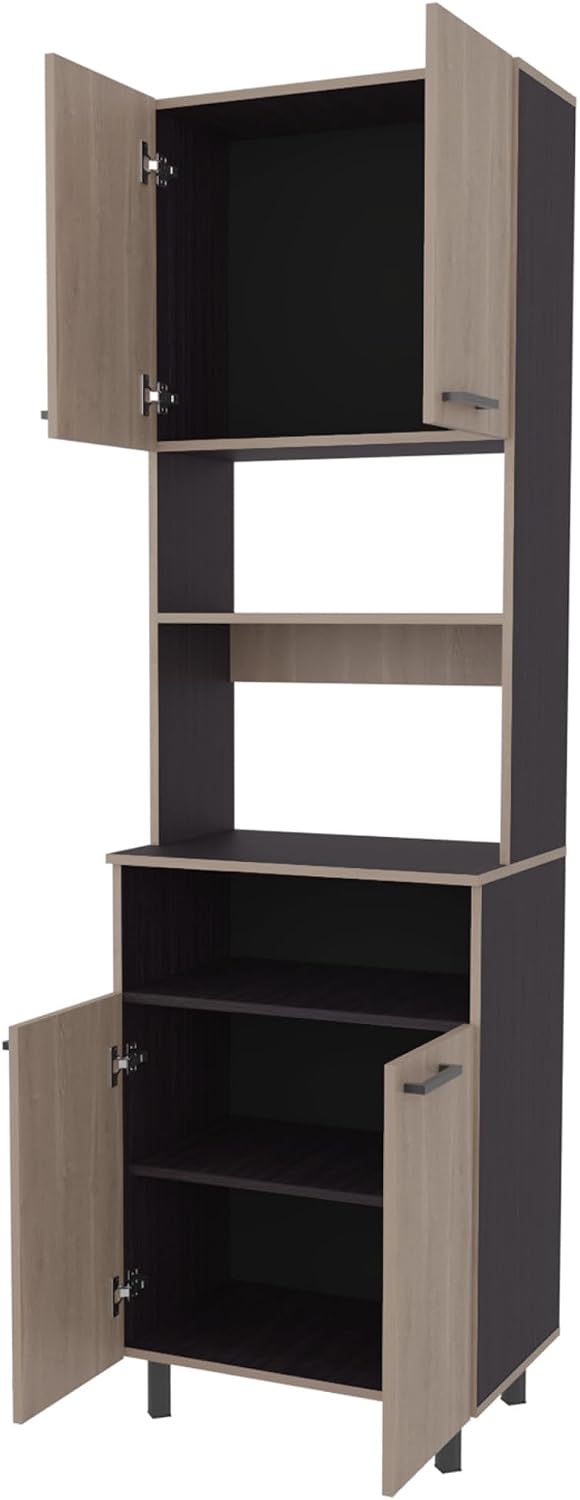 Bullhead City Kitchen Pantry with 4 Doors, White Oak and Wengue | Combines open shelves and closed cabinet in multi-color design