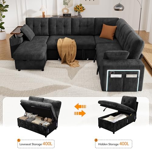 Vipbear 7 Seat Modular Sectional Sleeper Sofa with Pull Out Bed, L-Shaped Couch with Reclining Backrest, Lift Top Storage Chaise, USB LED Light, Tool-Free Assembly, Chenille Black