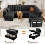 Vipbear 7 Seat Modular Sectional Sleeper Sofa with Pull Out Bed, L-Shaped Couch with Reclining Backrest, Lift Top Storage Chaise, USB LED Light, Tool-Free Assembly, Chenille Black