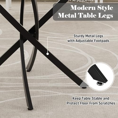 Dining Table Set for 4, 47" Round Kitchen Table with 4 Leather Dining Chairs, Tempered Glass Top with Metal Legs(All Black)