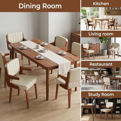 Dining Chairs Set of 4,Mid Century Modern Kitchen Chair with Hanging Arm | Set of 4 Dining Chairs, Mid Century Modern Faux Leather Upholstered Kitchen Chair, Walnut Legs Back for Dining Room Living