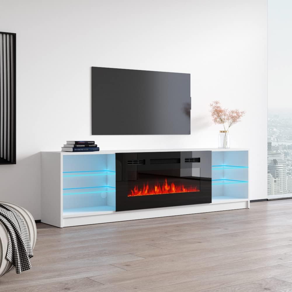 Meble Furniture Boston 01 Electric Fireplace TV Stand — High Gloss Modern Media Console with LED Lights and Storage — Fits TVs up to 90" — White, 79" W