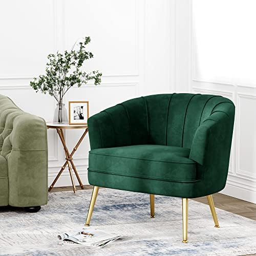 Andeworld Velvet Accent Chair, Barrel Armchair, Green | Velvet Upholstery, Golden Metal Legs, Comfy Barrel Back, Modern Style, Living Room Bedroom Office