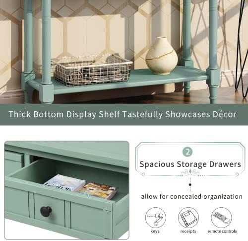 Bellemave Console Table with 2 Drawers & Bottom Shelf, Retro Entryway Table with Storage & Turned Roman Legs, Solid Wood Sofa Tables for Entrance, Hallway, Living Room (Green/35)