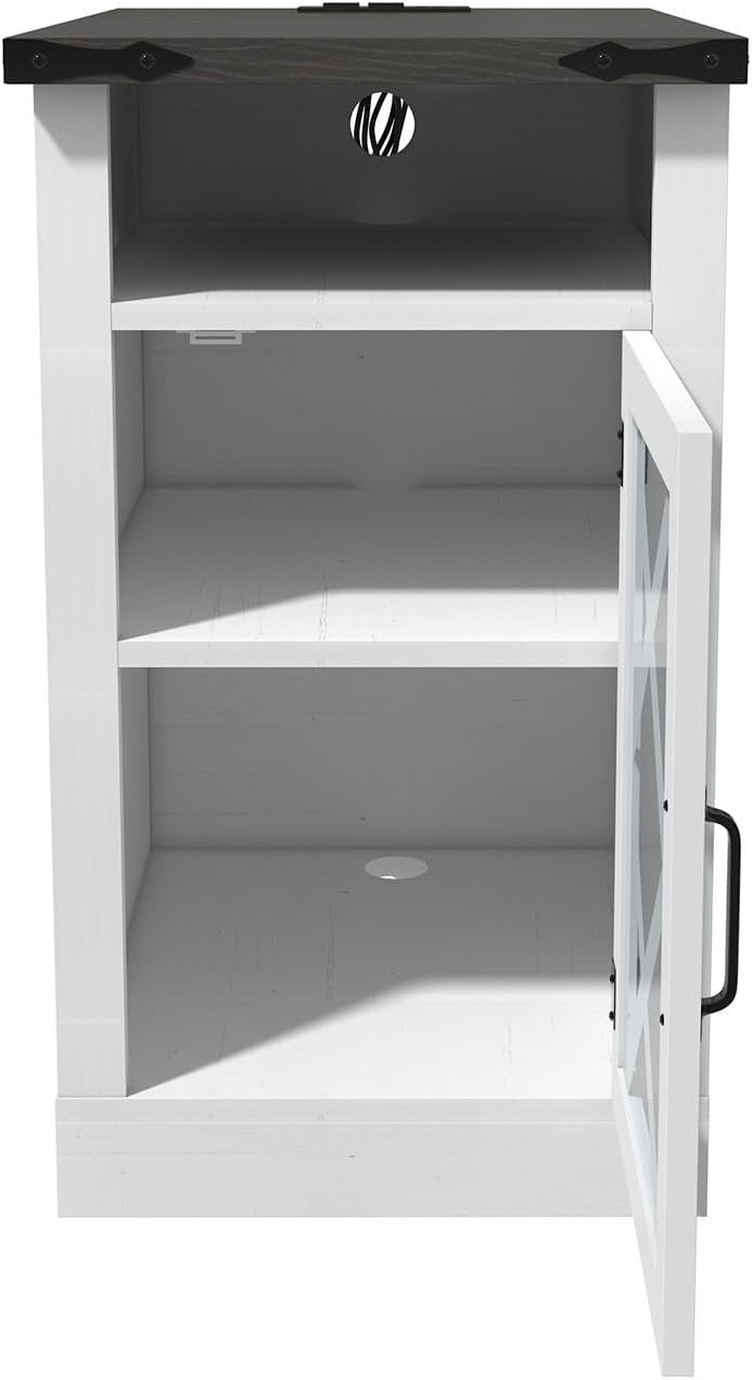 Clihome End Table with Charging Station, 15.4'' Rustic Nightstand with Barn Door & Adjustable Shelf, Wooden Sofa Side Table with 3-Tier Storage for Living Room, Bedroom, White