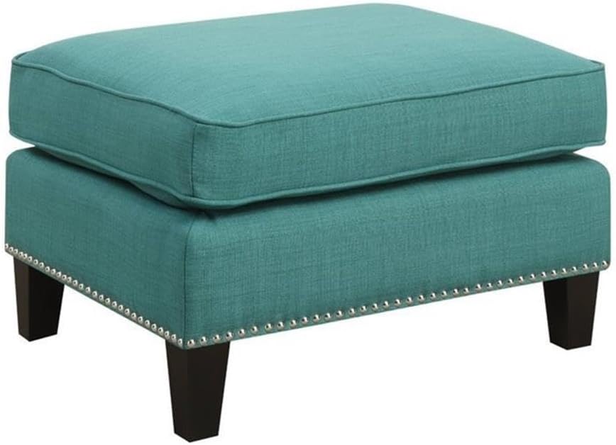 BOWERY HILL Solid Wood Frame Ottoman, Teal Fabric Upholstery, Nail Head Trim, 18" H x 26" W x 21" D, Compact Design, Lightweight, Modern Living Room Accent Piece, Supports Up to 500 lbs