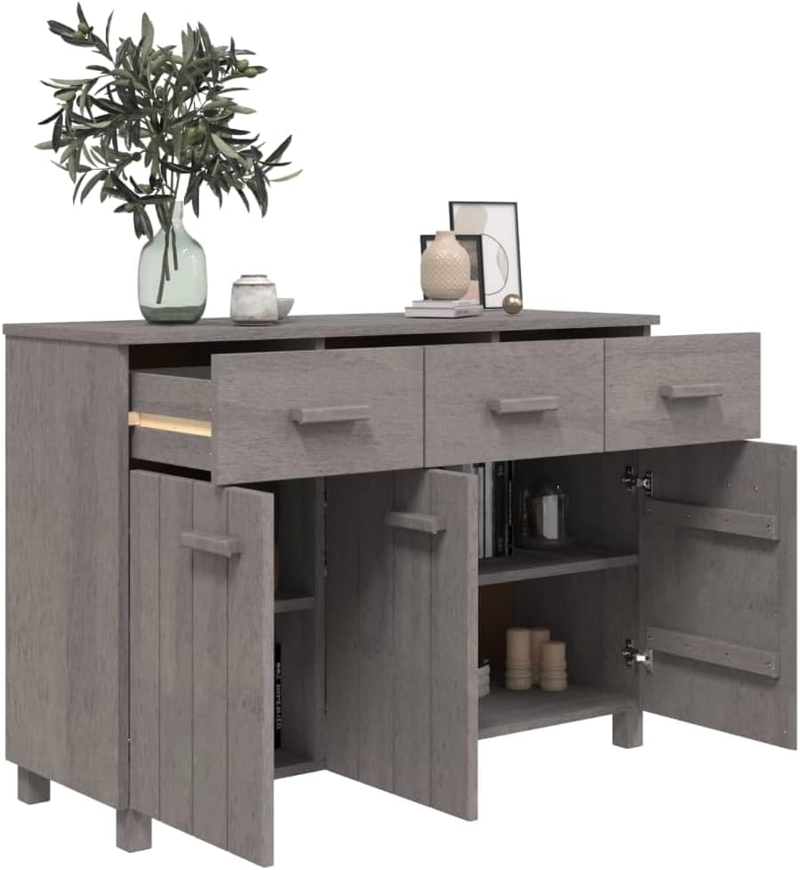 Light Grey Solid Pine Wood Sideboard with Shelves and Drawers, Traditional Style Storage Cabinet for Living Room Bedroom Dining Area, Durable Furniture