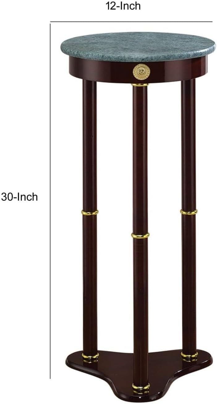 HomeStock Victorian Vintage Recluse Accent Table with Green Marble Top - Tripod Stand Legs, Merlot Brown Finish, 30" H x 12" W x 12" L, Compact and Stylish