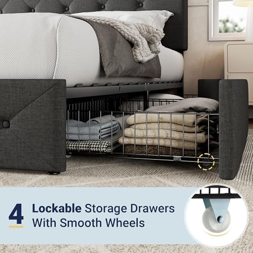 Allewie King Size Storage Bed Frame with 4 Underbed Drawers, Dark Grey