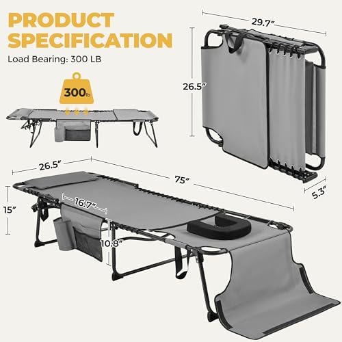 Yaheetech 26.4" Tanning Chair with Face Hole, 5-Position Adjustable, Gray | 600D Texteline fabric, 300 lb capacity, foldable tanning chair w/ face hole for outdoor beach patio lawn face-down sunbathing