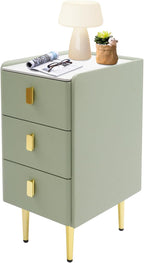 Narrow Nightstand with Drawers, Narrow Side Table Leather, Three-Layer Drawer Night Stand Small Bedside Tables for Living Room, Bedroom & Office (Green)