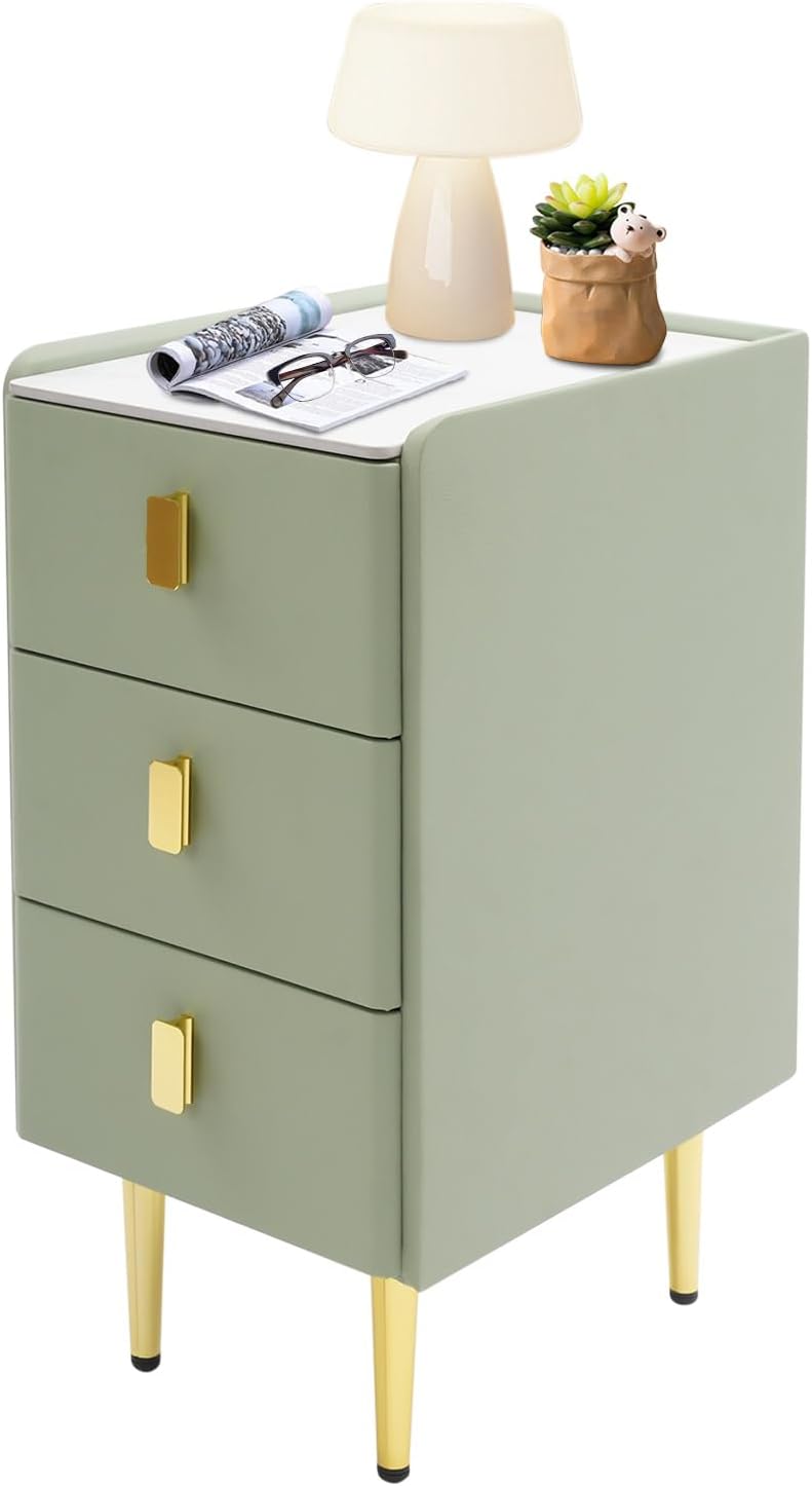 Narrow Nightstand with Drawers, Narrow Side Table Leather, Three-Layer Drawer Night Stand Small Bedside Tables for Living Room, Bedroom & Office (Green)
