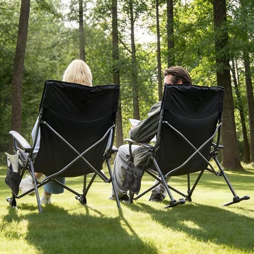 Rocking Camping Chair for Adults, Portable Chairs with Cup Holder and Side Pocket, Outdoor Folding Rocker Chair (Black)
