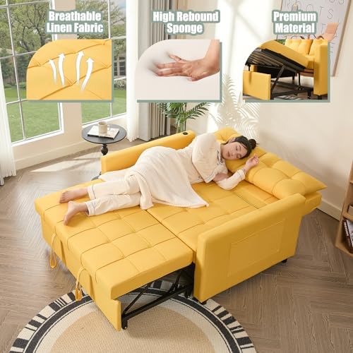GOSUHI 52" 3-in-1 Convertible Sleeper Sofa Bed, Linen, Yellow | Pull-Out Bed, Stepless Adjustable Backrest, Side Pocket, Compact Loveseat, Living Room, Dorm & Apartment