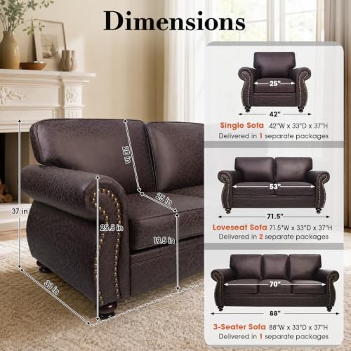 Couchus 88" W Living Room Furniture Sets, 3-Seater&Loveseat, Brown | Faux Leather Fabric Sofa and Couch Sets, Mid-Century Sofa Set with Nailhead Trim