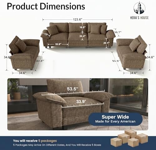 HERA'S HOUSE 3 Pieces Modular Cloud Couch and Chair Set Setional Sofa | Modern 5-Seater Sofa Set , Grayish Brown, Wider Armrest, Comfy Deep Seat, Soft Chenille Furniture Set for Living Room