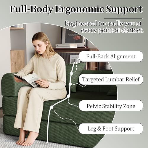 53.15'' Convertible Compressed Corduroy Folding Cloud Sofa Bed, Modern Pull Out Loveseat Sleeper in a Box, 4 in 1 Floor Mattress Futon Cloud Couch, No Assembly Needed, Green, 2 Pillows, Full
