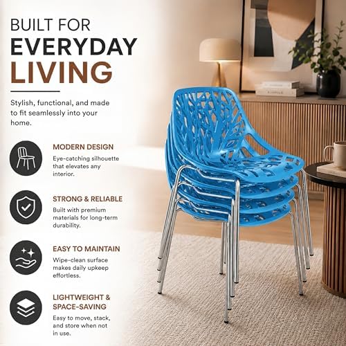 LeisureMod Asbury Modern Dining Chair, Blue, Polypropylene Seat | Chrome Legs, Comfortable Solid Back, Kitchen and Dining Room, Affordable Contemporary Seating