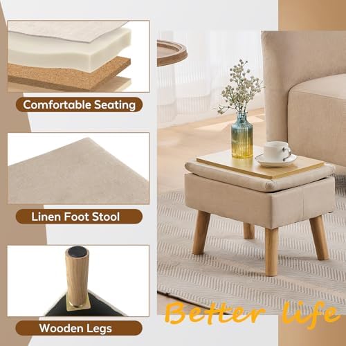 Storage Ottoman, Small Foot Stool Ottoman with Storage, Linen Foot Rest with Wood Legs, Footstool for Living Room, Bedroom, Entryway, Beige