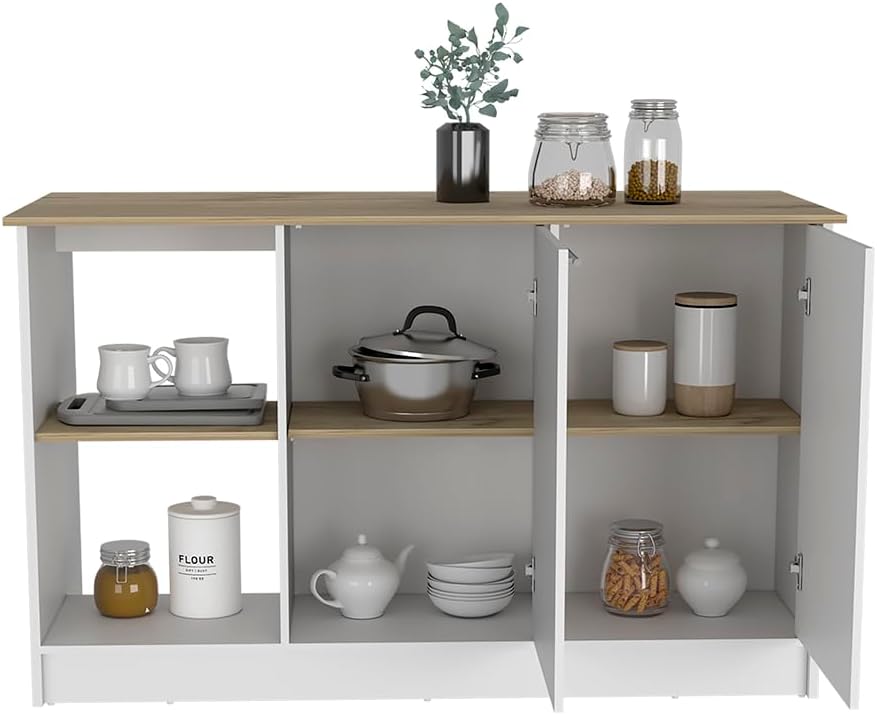 Kitchen Island with Four Open Shelves and Two Cabinets | Multicolor design with light oak and white finish