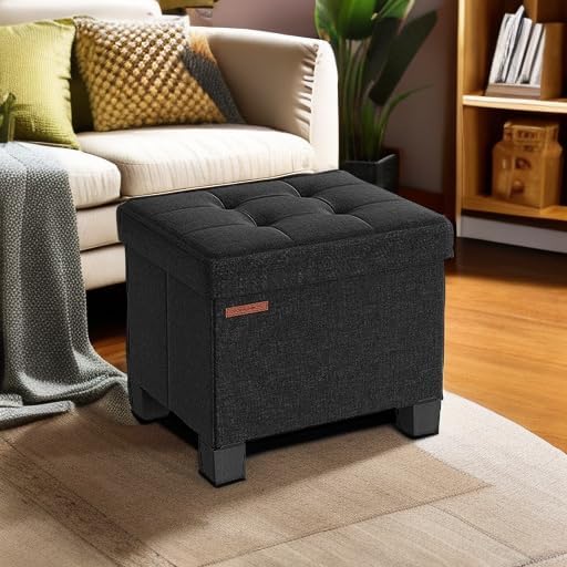 SONGMICS Storage Ottoman, Small Ottoman Foot Rest with Legs, 12.6 x 15.7 x 13.2 Inches Foot Stool, Load up to 660 lb, for Living Room, Bedroom, Dorm, Ink Black ULSF012B01
