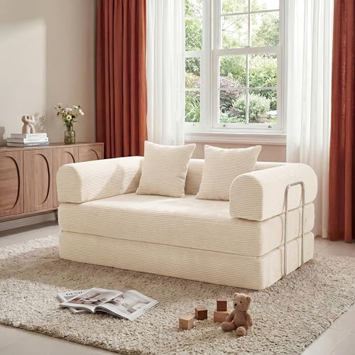 Futon Sofa Bed Modular Loveseat Sleeper Folding Pull Out Couch with Pillows, No Assembly Required Couch for Living Room Bedroom Guest Room (Beige, 53.15" Loveseat Sofa)