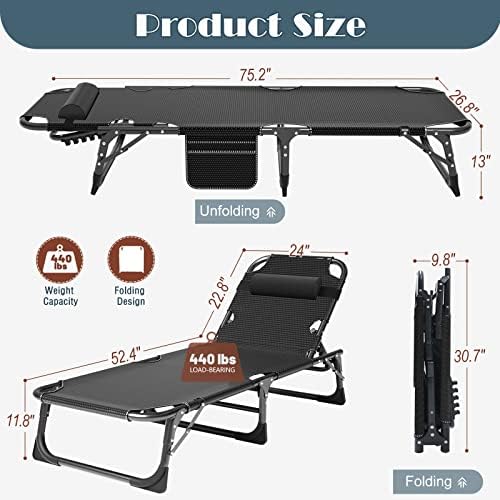 DoCred Chaise Lounge Chair, 5-Position Folding Outdoor Lounge Chair | Heavy Duty Sturdy Steel Frame Chaise Lounge w/ Removable Cushion & Pillow, Folds Flat for Storage, for Beach, Pool & Patio