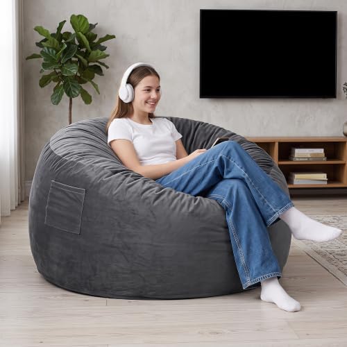 Kromax Bean Bag Chair with Filling Included, Large 4FT Comfy Bean Bag Chairs for Adults, Teens, Memory Foam, Machine Washable Thick Dutch Velvet Cover, for Living Room, Den, or Bedroom, Dark Grey