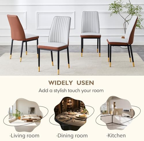 Dining Room Chairs Set of 6, Leather Two-Tone Leather Upholstery Kitchen Chairs with High Back, Vertical Channel Stitching, Powder-Coated Black Metal Legs for Dining Room, Kitchen, Living Room
