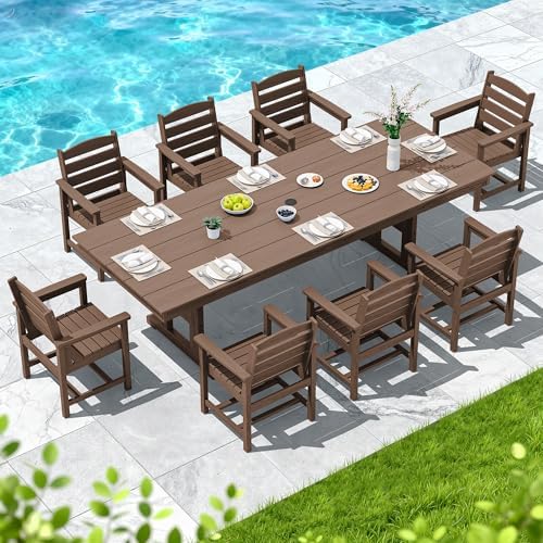 SERWALL 9Pcs 84" HDPE Outdoor Dining Set for 8 with Armchairs,Brown
