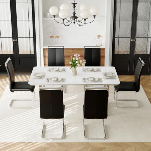 Dining Table Set for 6,63" Faux Marble Dining Room Table Set,High Glossy Dining Tabletop with Sturdy Chrome Leg,White Kitchen Table and Chairs Set for Dining Room,Easy Assemble