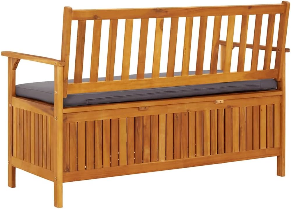 Patio Storage Bench with Cushion, 47.2 Inch Solid Acacia Wood Outdoor Garden Seating with Hidden Compartment, Gray