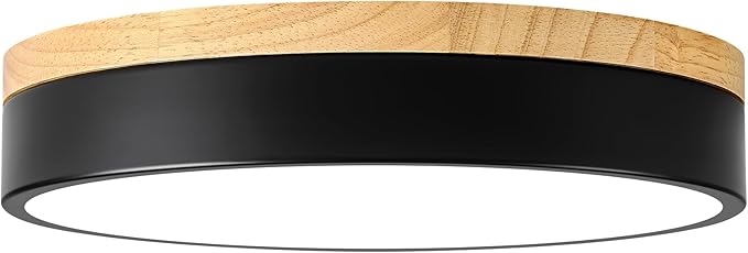 Dimmable Wood LED Ceiling Light, 5CCT 2700K-6000K Modern Black Flush Mount Ceiling Light, Minimalist Round Close to Ceiling Light Fixture for Bedroom, Kitchen, Laundry Room, Hallway, 11.81in
