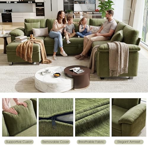 107.8" Modular Sectional Sleeper Sofa with Pull Out Bed, U Shaped 7 Seat Couch with 221L Storage, Convertible Cloud Couch Bed with Ottoman, Sectional Couches for Living Room, Apartment (Green)