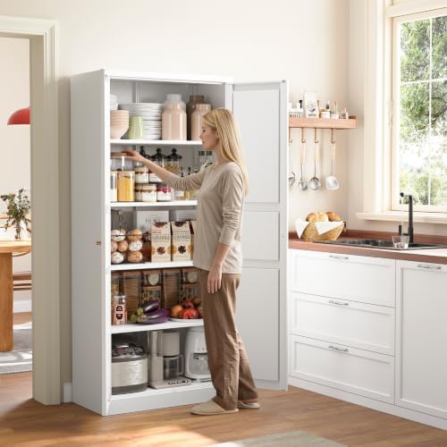 Yizosh Metal Storage Cabinet - 71" White Kitchen Pantry with 2 Doors and 4 Adjustable Shelves, 4-Tier Tall Steel Locker for Living Room, Dining Room