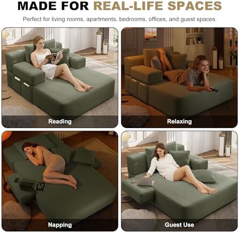 60.2" Oversized Chaise Lounge Chair, Corduroy Cloud Couch, Deep Seat Convertible Sofa Bed with 3 Pillows, Wide Armrests, Side Pocket, No Assembly (Green)