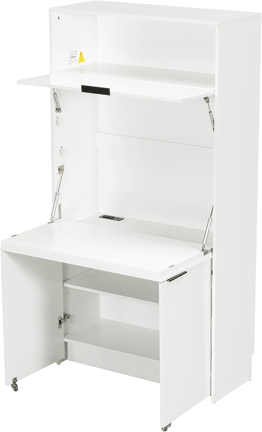 Farmhouse Kitchen Pantry Cabinet with Foldable Workstation, Kitchen Storage Cabinets with Adjustable Shelf & Power Outlet, Versatile Cupboard for Dining Room, Living Room,White