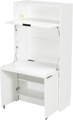 Farmhouse Kitchen Pantry Cabinet with Foldable Workstation, Kitchen Storage Cabinets with Adjustable Shelf & Power Outlet, Versatile Cupboard for Dining Room, Living Room,White