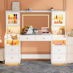 wanan 62" Large White Vanity Desk with Glass Top, Makeup Vanity with Mirror and LED Lights, One-Touch 3 Lighting Modes, Dressing Table with 6 Drawers, 2 Cabinets and Power Outlet for Women, Girls