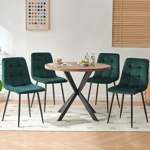 Homedot 37" Round Table Set for 4 Person, Modern Kitchen Table Set, Imitation Wood Dining Table with Space Saving Dining Chairs, Dark Green Velvet Side Chairs