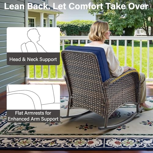Belord Patio Rocking Chair Wicker Chair, 1 Piece Outdoor Rocking Chair Seating with Cushions for Porch Deck Balcony, Brown/Blue