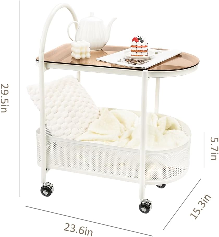 2 Tier Rolling Side Table, Metal Coffee Sofa Side End Table,Handle Utility Cart, Bed Side Table with Wheels Night Stand, Serving Cart,Drink Cart, for Living Room, Bedroom, Bathroom,White