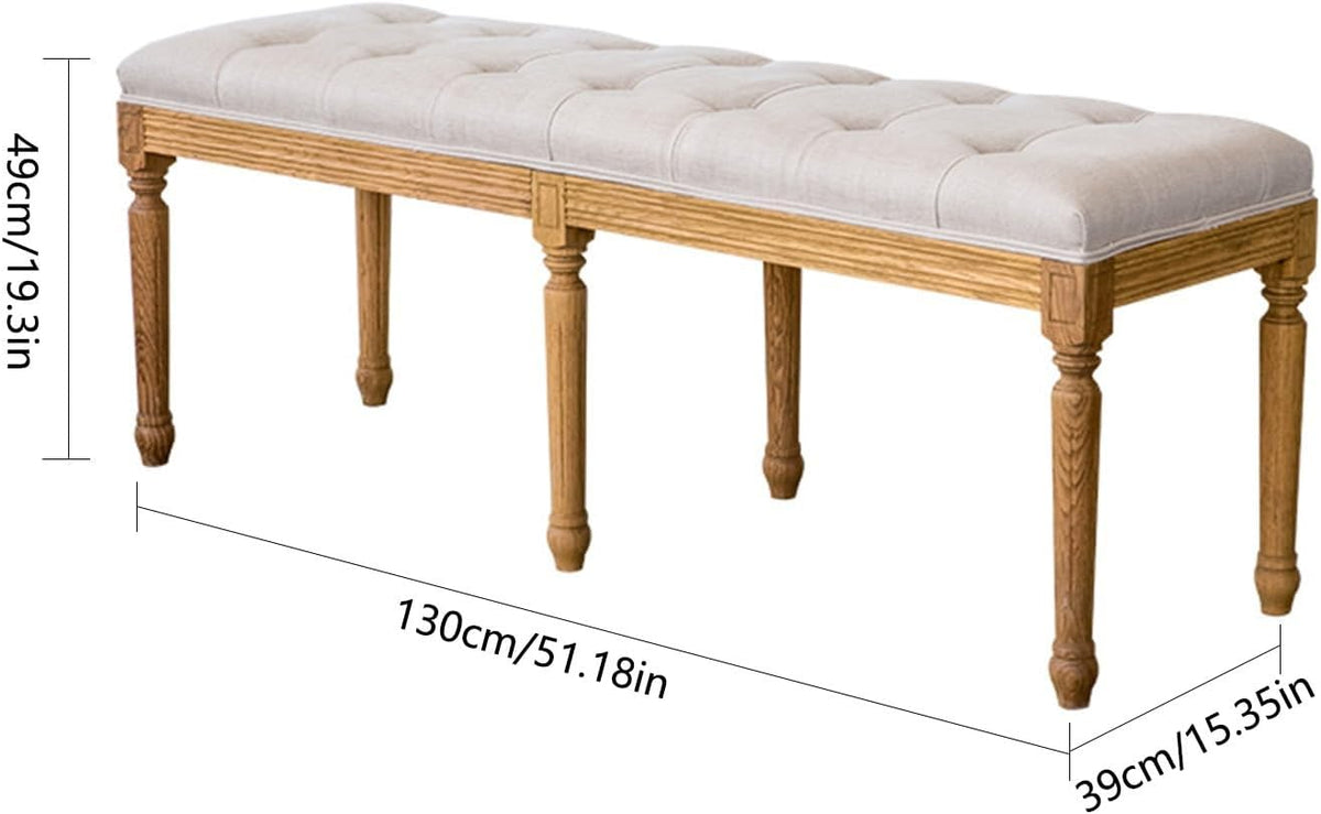 Modern French Vintage Bench with Padded Seat and Rubberwood Legs, Memory Foam Upholstered Entryway and Dining, Tufted Fabric End of Bed for Bedroom Living Room Hallway Entryway