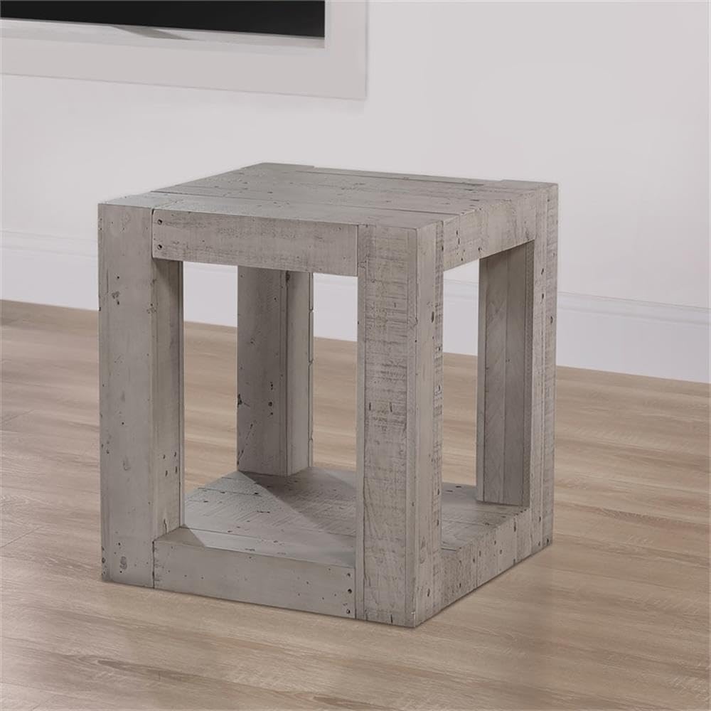 BOWERY HILL Contemporary Rectangular End Table, 22" Width x 24" Height, Reclaimed Solid Pine, Distressed Gray Finish, Bottom Shelf, Rustic Design for Living Room or Bedroom
