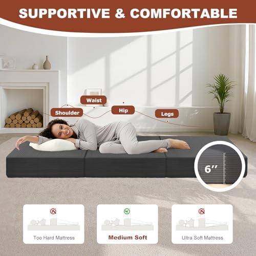 6-Inch Tri-Fold Foldable Mattress, Folding Sofa Bed with Removable Washable Cover, Portable Futon Mattress Full Size Floor Guest Mat with Non-Slip Bottom & Carry Handles for Camping (Grey, Queen)